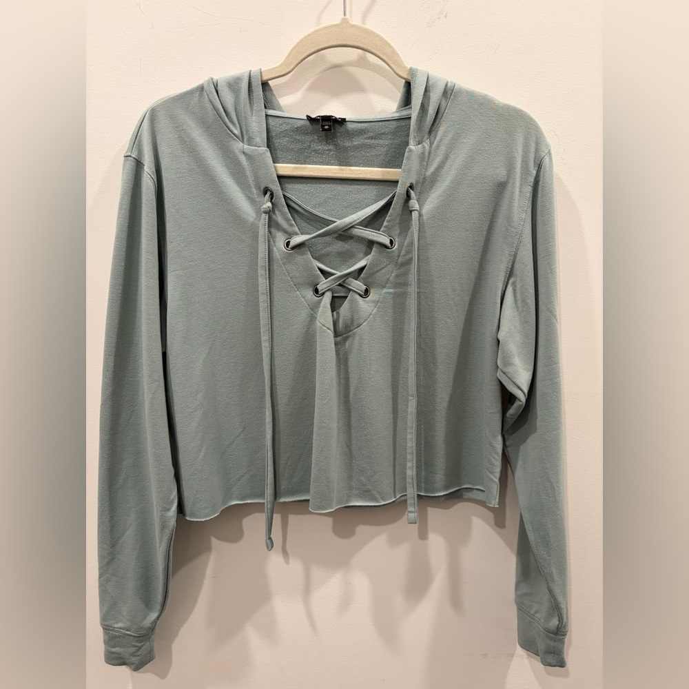 Express Sage‎ Green Lace-Up Cropped Hoodie